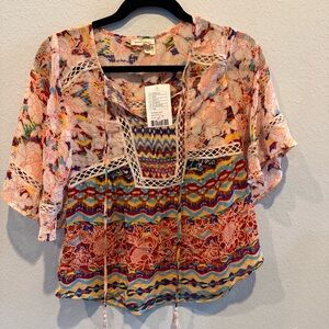 Meadow Rue Colorful Floral Blouse with Lace Detail